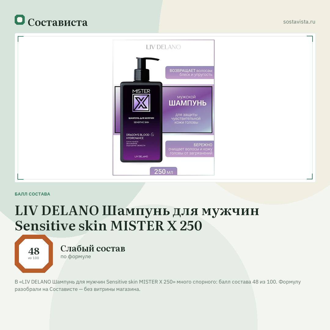 LIV DELANO Шампунь для мужчин Sensitive skin MISTER X 250: балл состава 48 из 100 — Состависта