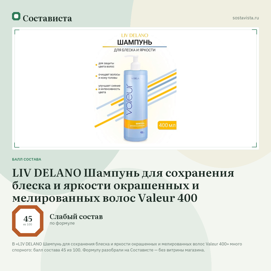 LIV DELANO Шампунь для сохранения блеска и яркости окрашенных и мелированных волос Valeur 400: балл состава 45 из 100 — Состависта
