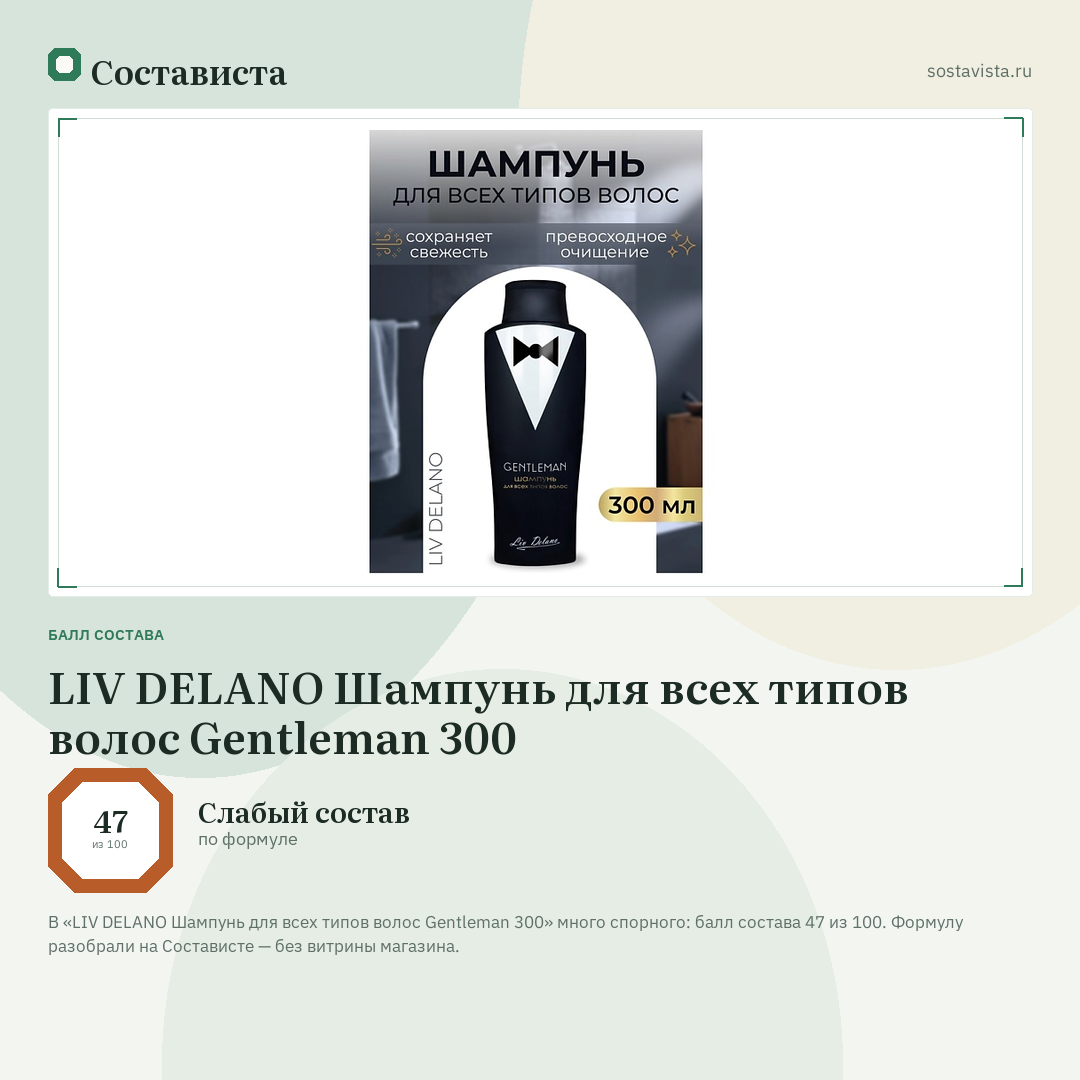 LIV DELANO Шампунь для всех типов волос Gentleman 300: балл состава 47 из 100 — Состависта