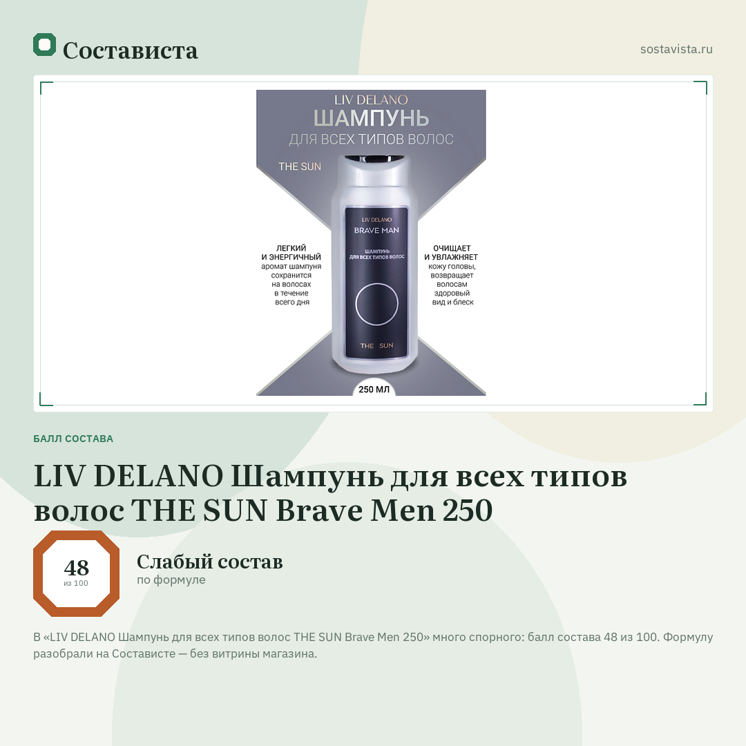 LIV DELANO Шампунь для всех типов волос THE SUN Brave Men 250: балл состава 48 из 100 — Состависта