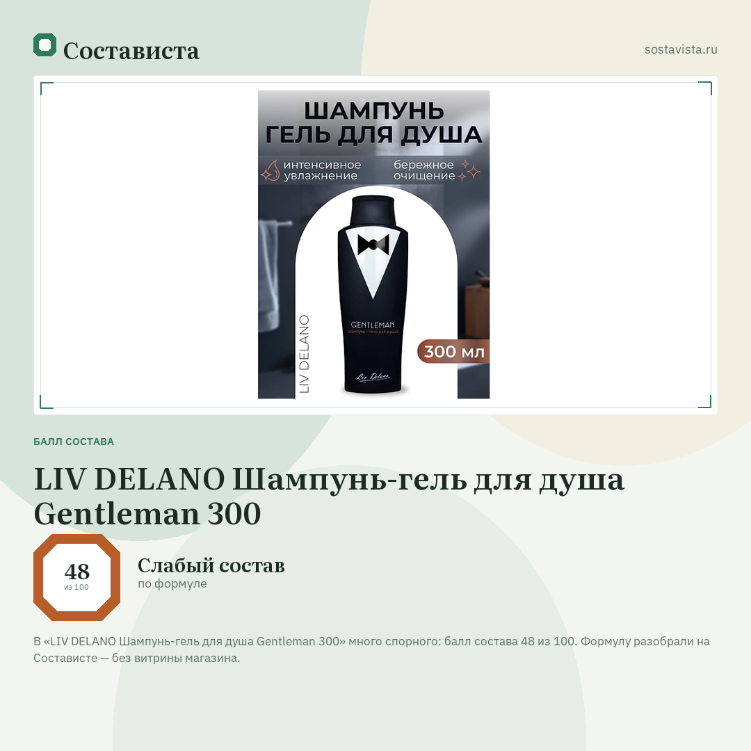 LIV DELANO Шампунь-гель для душа Gentleman 300: балл состава 48 из 100 — Состависта