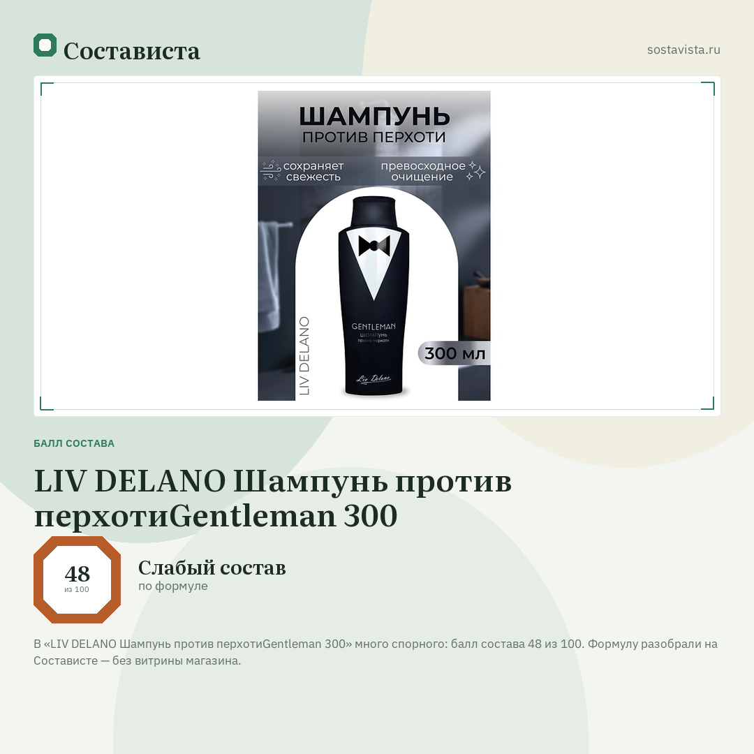 LIV DELANO Шампунь против перхотиGentleman 300: балл состава 48 из 100 — Состависта