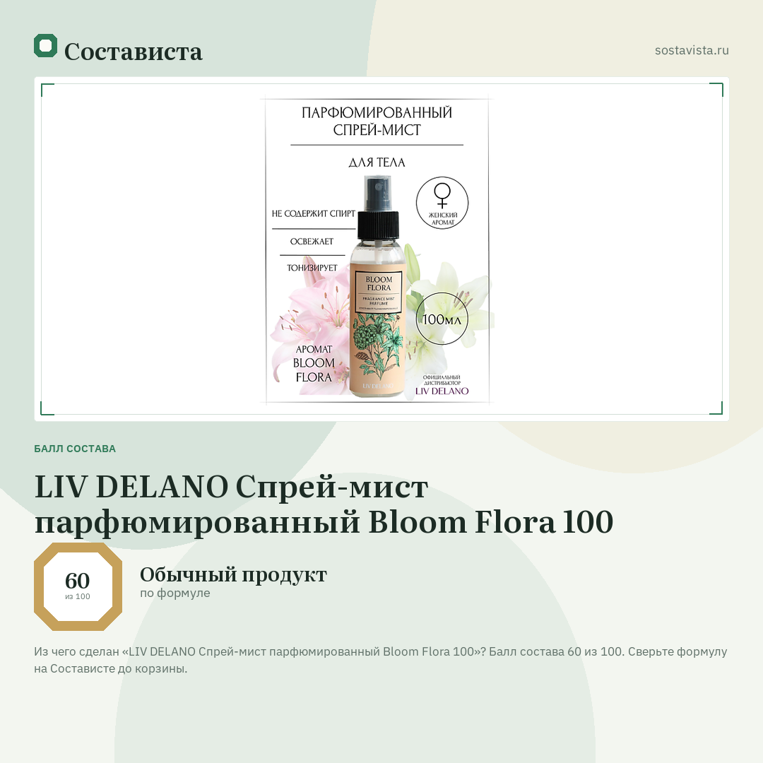 LIV DELANO Спрей-мист парфюмированный Bloom Flora 100: балл состава 60 из 100 — Состависта