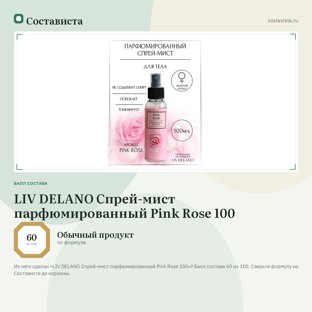 LIV DELANO Спрей-мист парфюмированный Pink Rose 100: балл состава 60 из 100 — Состависта