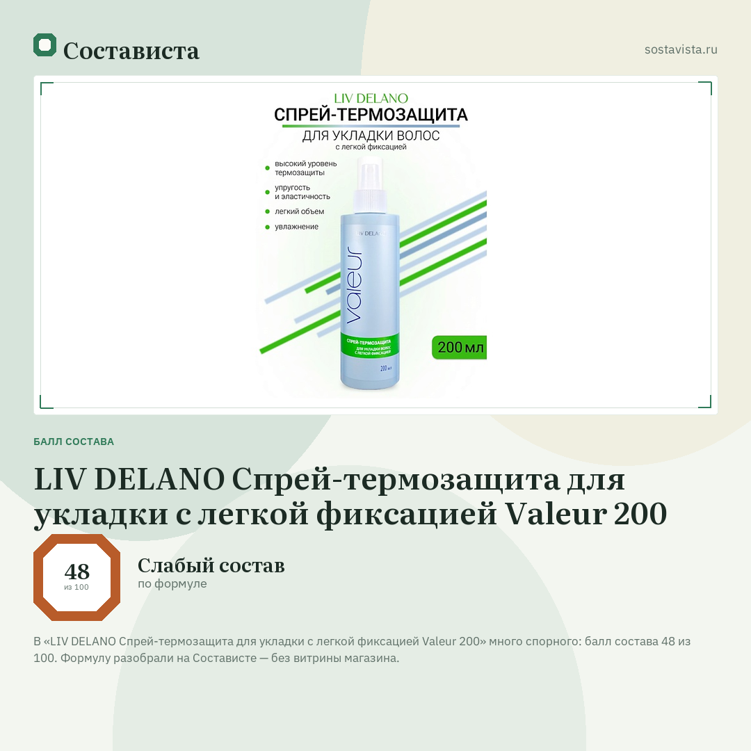 LIV DELANO Спрей-термозащита для укладки с легкой фиксацией Valeur 200: балл состава 48 из 100 — Состависта