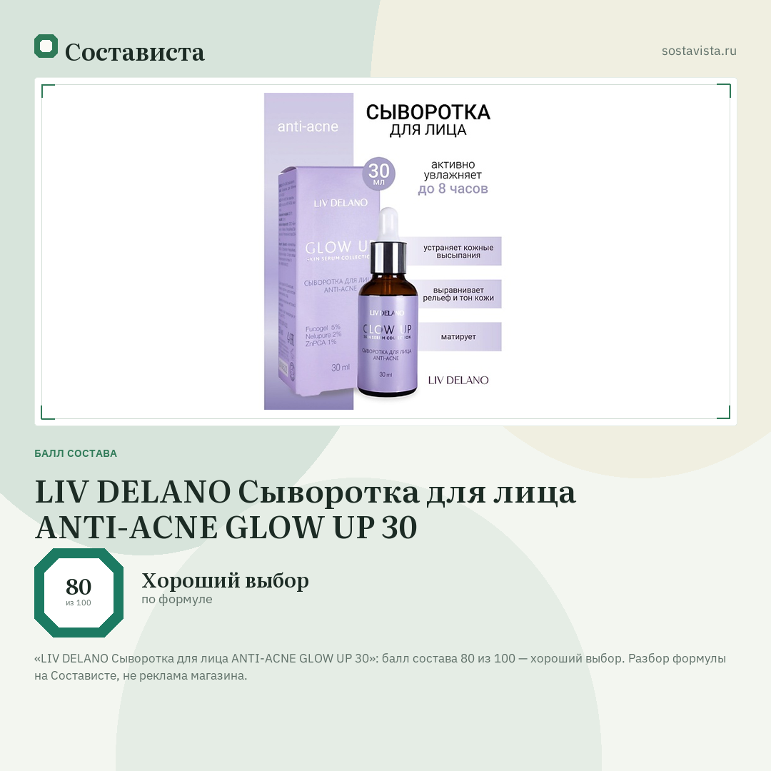 LIV DELANO Сыворотка для лица ANTI-ACNE GLOW UP 30: балл состава 80 из 100 — Состависта