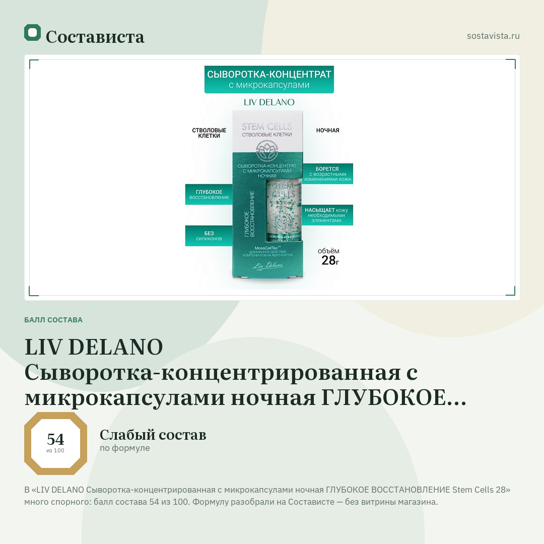 LIV DELANO Сыворотка-концентрированная с микрокапсулами ночная ГЛУБОКОЕ ВОССТАНОВЛЕНИЕ Stem Cells 28: балл состава 54 из 100 — Состависта