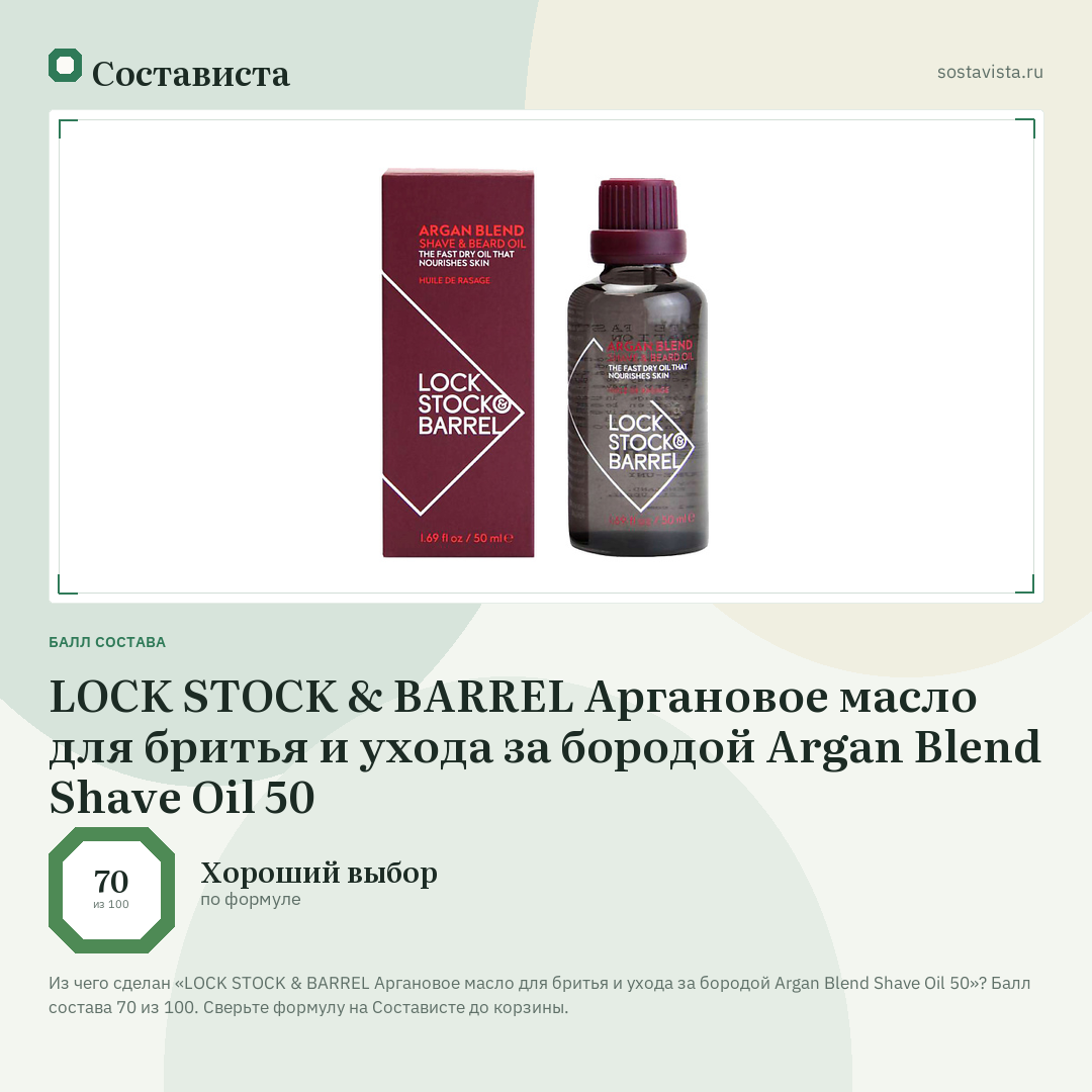 LOCK STOCK & BARREL Аргановое масло для бритья и ухода за бородой Argan Blend Shave Oil 50: балл состава 70 из 100 — Состависта