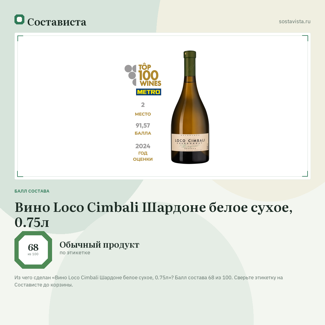 Вино Loco Cimbali Шардоне белое сухое, 0.75л: балл состава 68 из 100 — Состависта