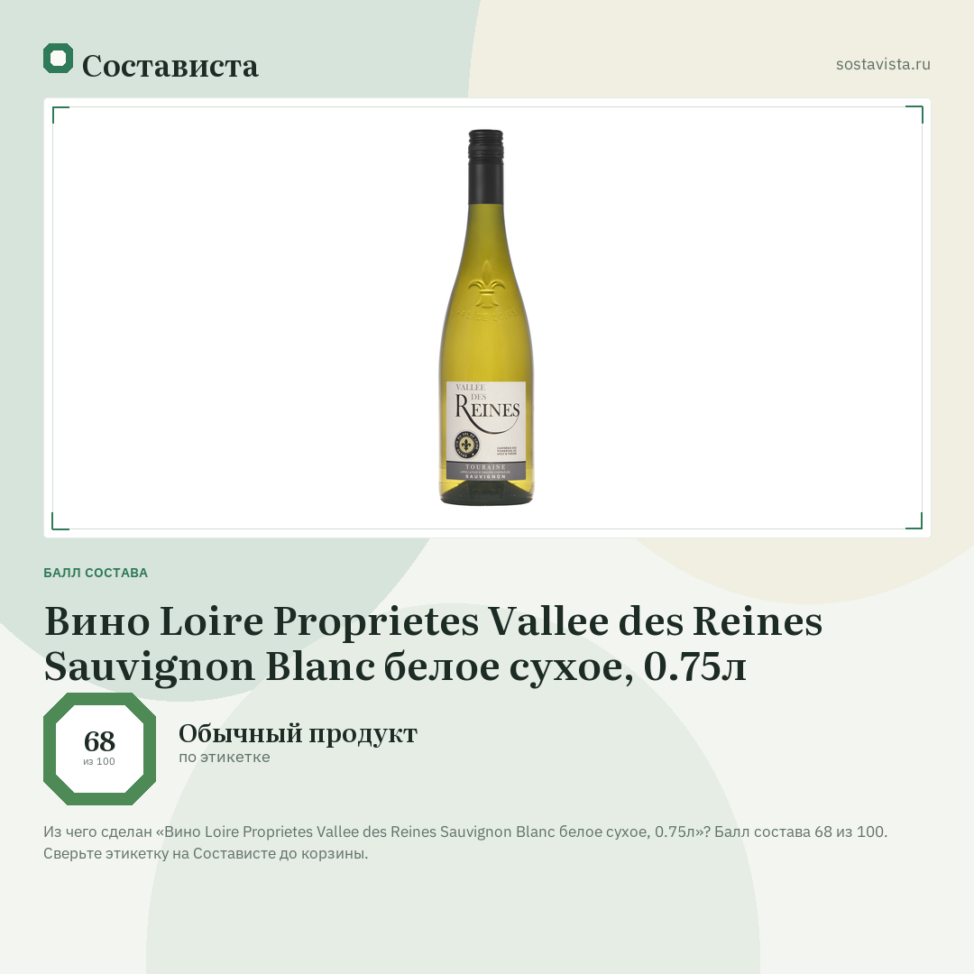 Вино Loire Proprietes Vallee des Reines Sauvignon Blanc белое сухое, 0.75л: балл состава 68 из 100 — Состависта
