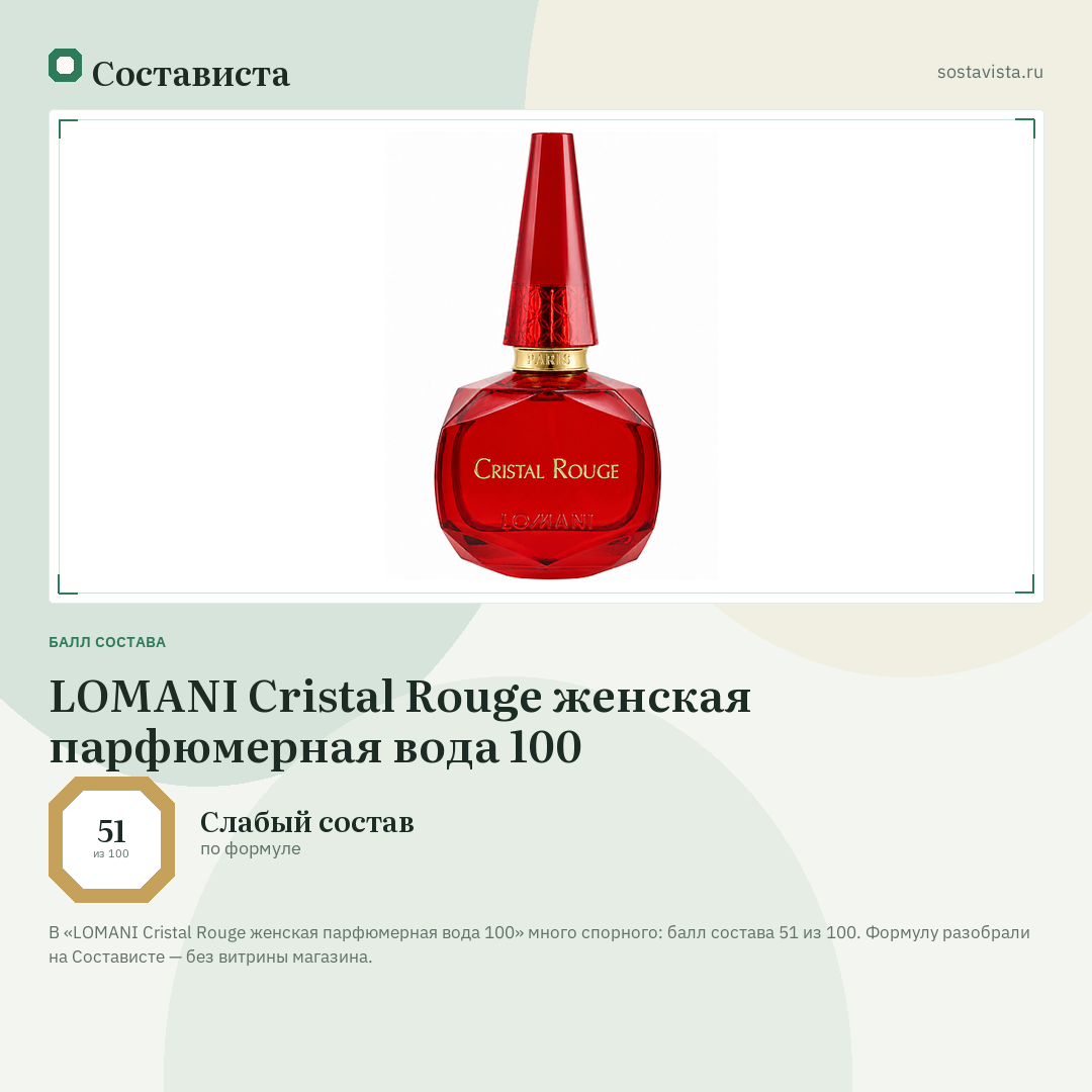 LOMANI Cristal Rouge женская парфюмерная вода 100: балл состава 51 из 100 — Состависта