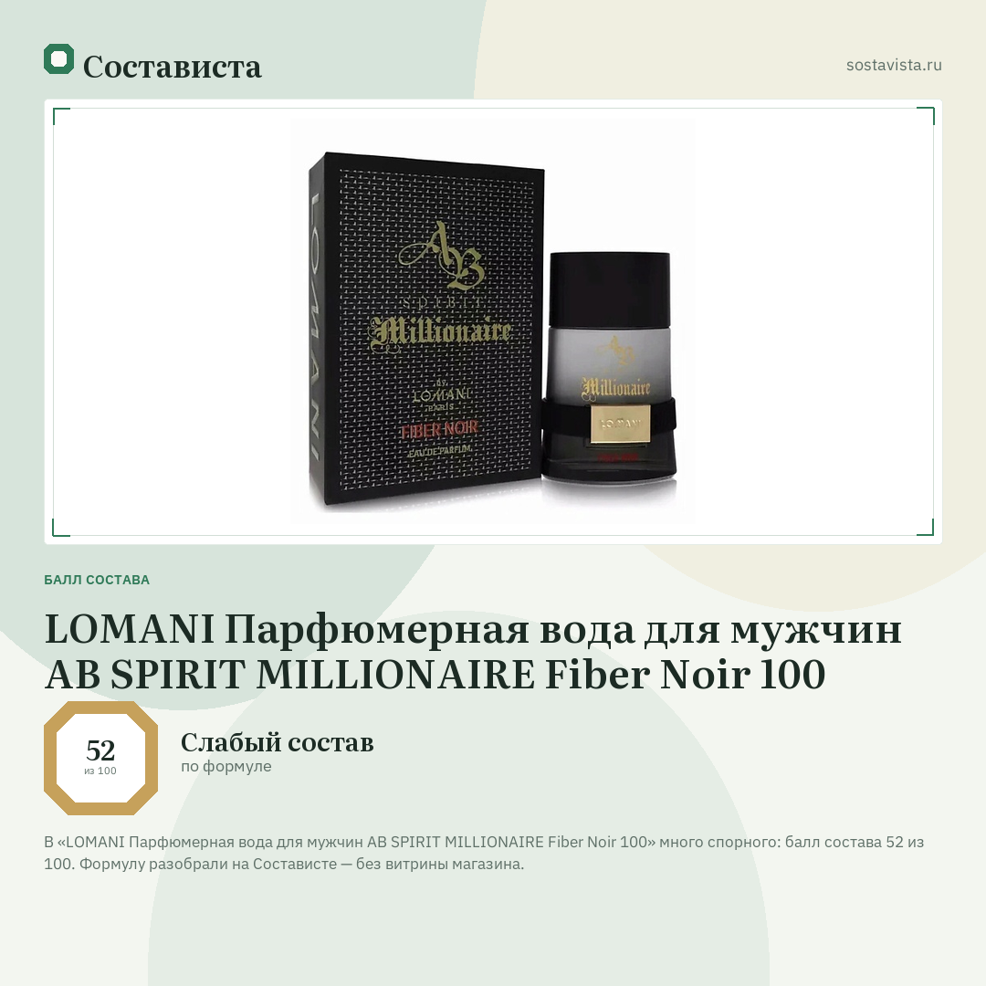 LOMANI Парфюмерная вода для мужчин AB SPIRIT MILLIONAIRE Fiber Noir 100: балл состава 52 из 100 — Состависта