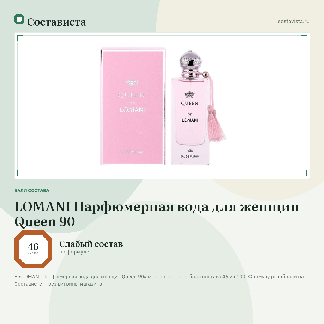 LOMANI Парфюмерная вода для женщин Queen 90: балл состава 46 из 100 — Состависта