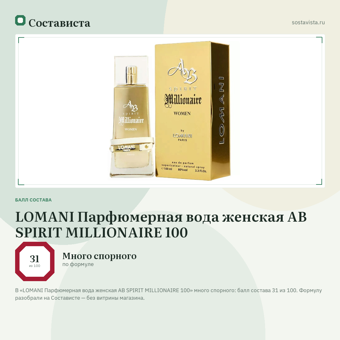 LOMANI Парфюмерная вода женская AB SPIRIT MILLIONAIRE 100: балл состава 31 из 100 — Состависта
