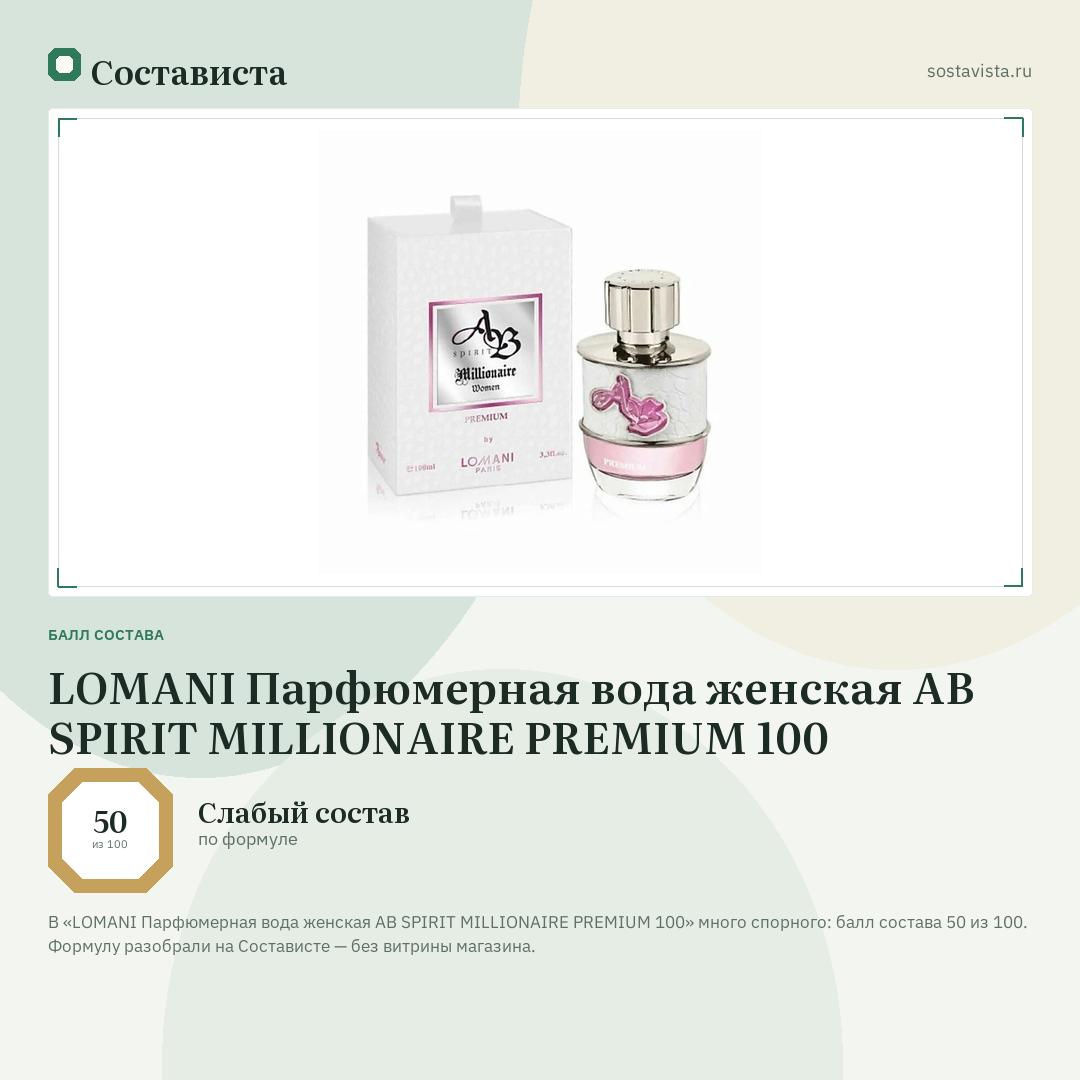 LOMANI Парфюмерная вода женская AB SPIRIT MILLIONAIRE PREMIUM 100: балл состава 50 из 100 — Состависта