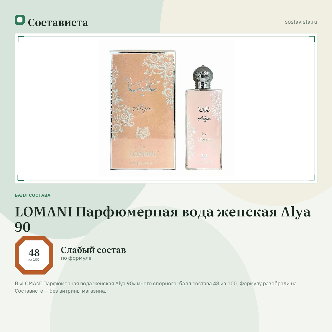 LOMANI Парфюмерная вода женская Alya 90: балл состава 48 из 100 — Состависта
