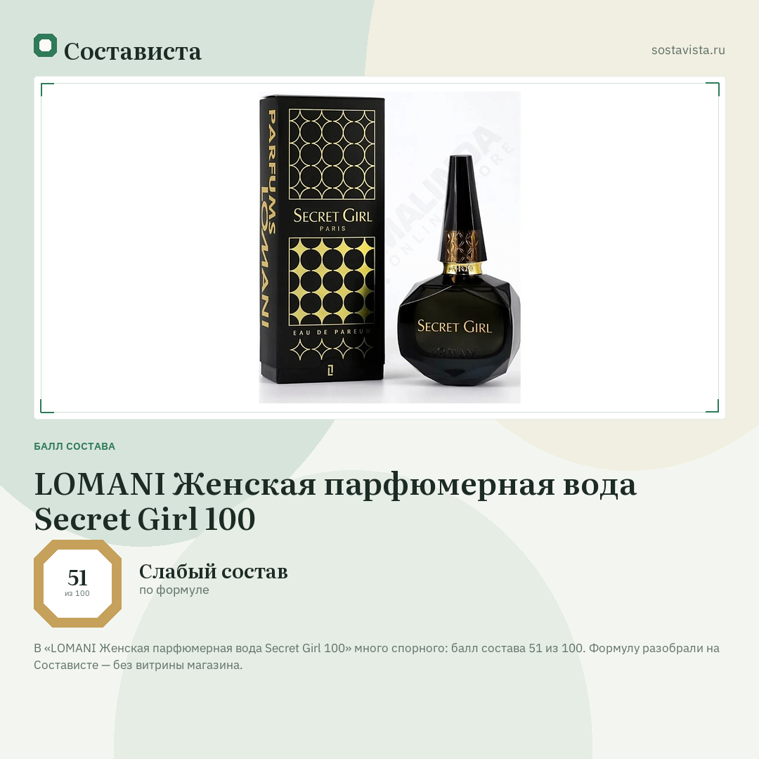 LOMANI Женская парфюмерная вода Secret Girl 100: балл состава 51 из 100 — Состависта