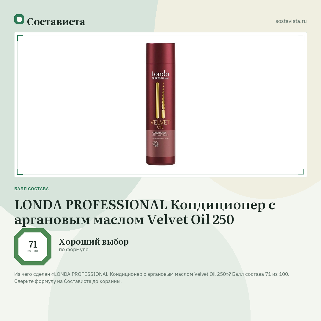 LONDA PROFESSIONAL Кондиционер с аргановым маслом Velvet Oil 250: балл состава 71 из 100 — Состависта
