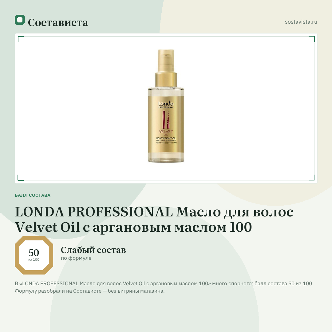 LONDA PROFESSIONAL Масло для волос Velvet Oil с аргановым маслом 100: балл состава 50 из 100 — Состависта