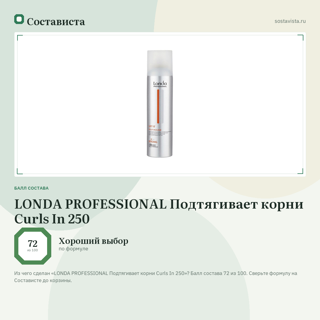 LONDA PROFESSIONAL Подтягивает корни Curls In 250: балл состава 72 из 100 — Состависта