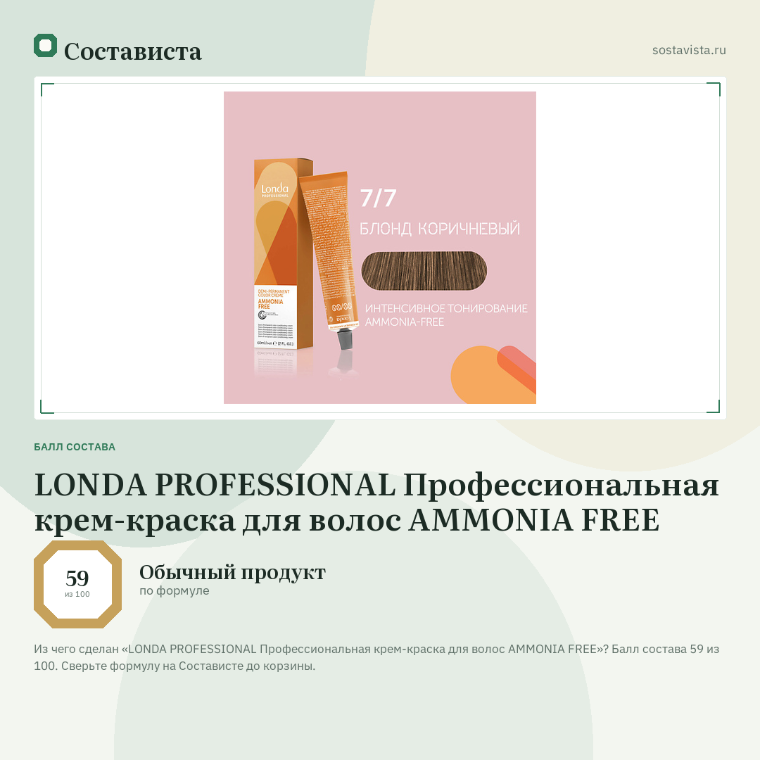 LONDA PROFESSIONAL Профессиональная крем-краска для волос AMMONIA FREE: балл состава 59 из 100 — Состависта