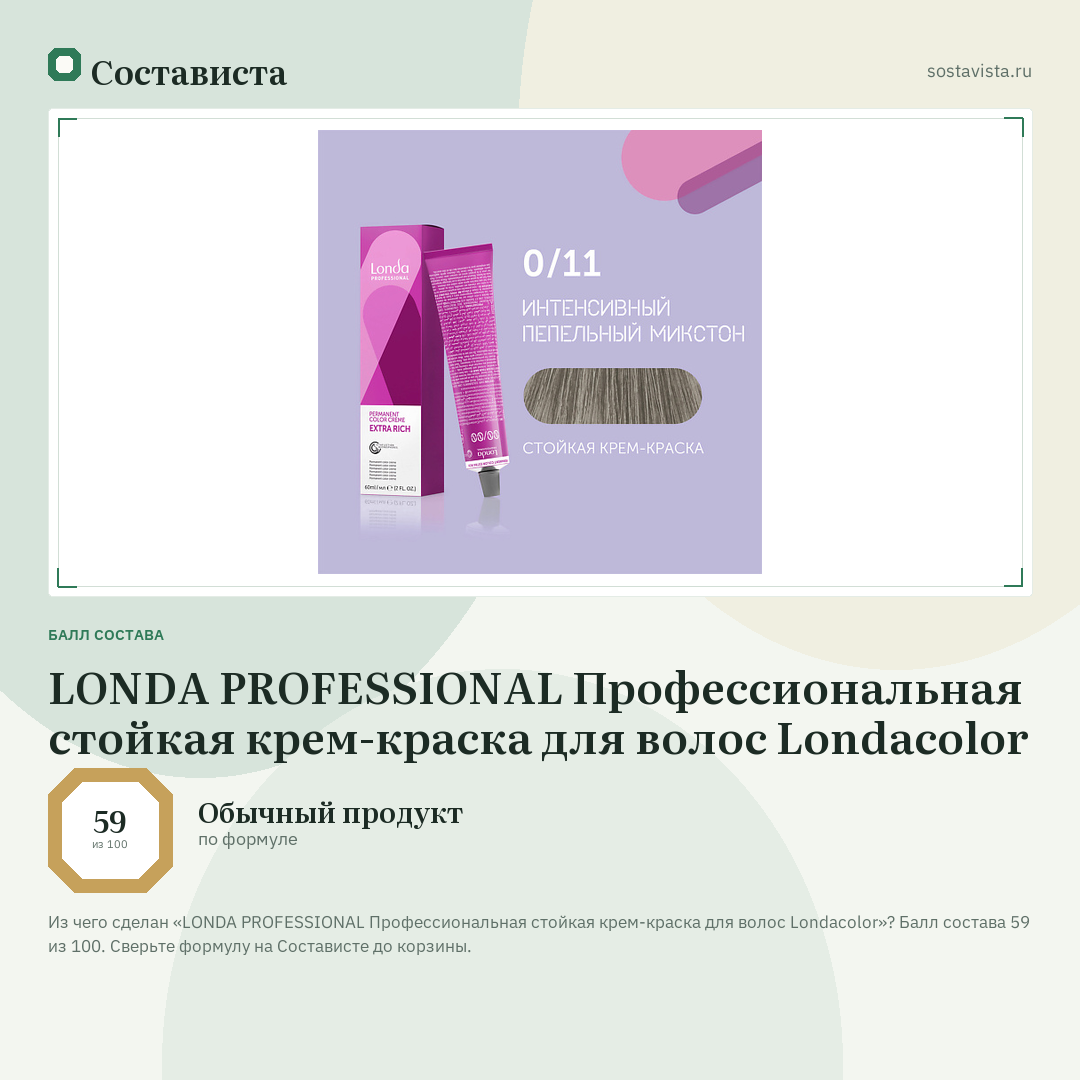 LONDA PROFESSIONAL Профессиональная стойкая крем-краска для волос Londacolor: балл состава 59 из 100 — Состависта