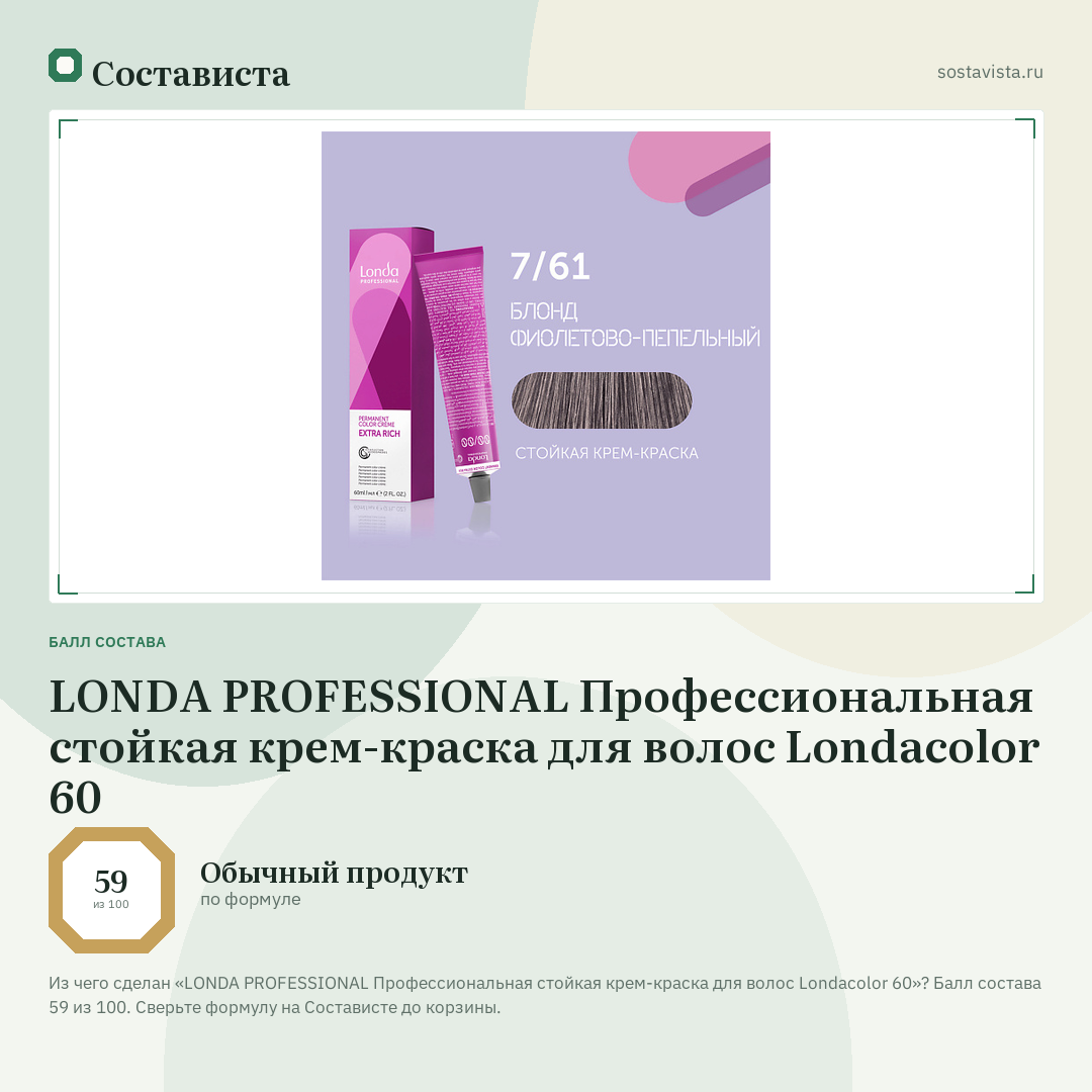 LONDA PROFESSIONAL Профессиональная стойкая крем-краска для волос Londacolor 60: балл состава 59 из 100 — Состависта