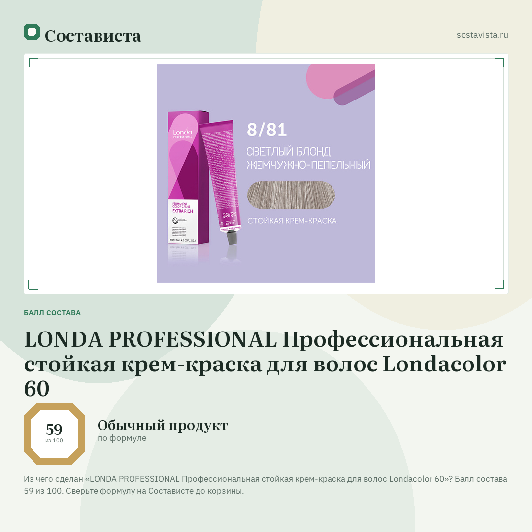 LONDA PROFESSIONAL Профессиональная стойкая крем-краска для волос Londacolor 60: балл состава 59 из 100 — Состависта