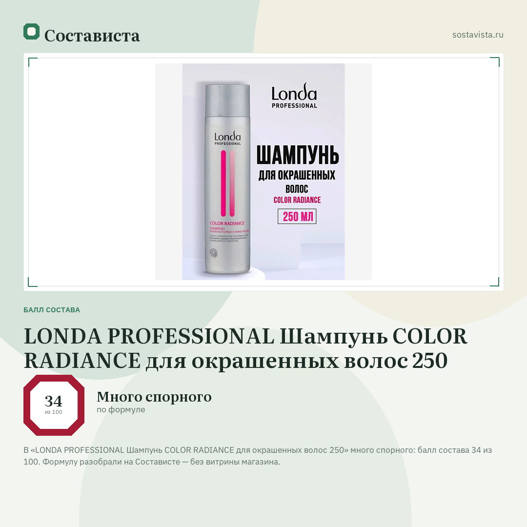 LONDA PROFESSIONAL Шампунь COLOR RADIANCE для окрашенных волос 250: балл состава 34 из 100 — Состависта