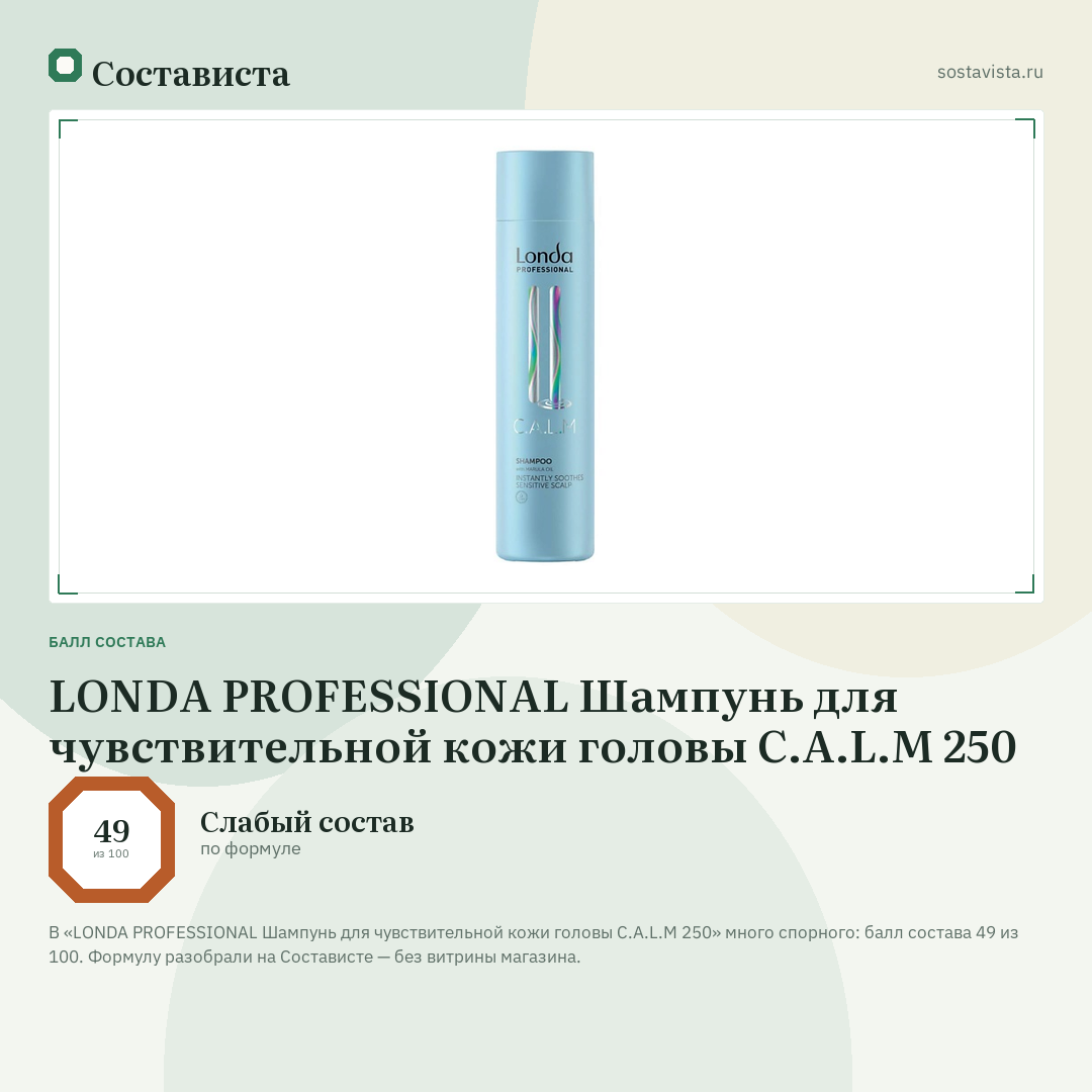 LONDA PROFESSIONAL Шампунь для чувствительной кожи головы C.A.L.M 250: балл состава 49 из 100 — Состависта