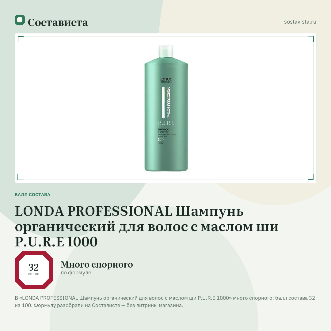 LONDA PROFESSIONAL Шампунь органический для волос с маслом ши P.U.R.E 1000: балл состава 32 из 100 — Состависта