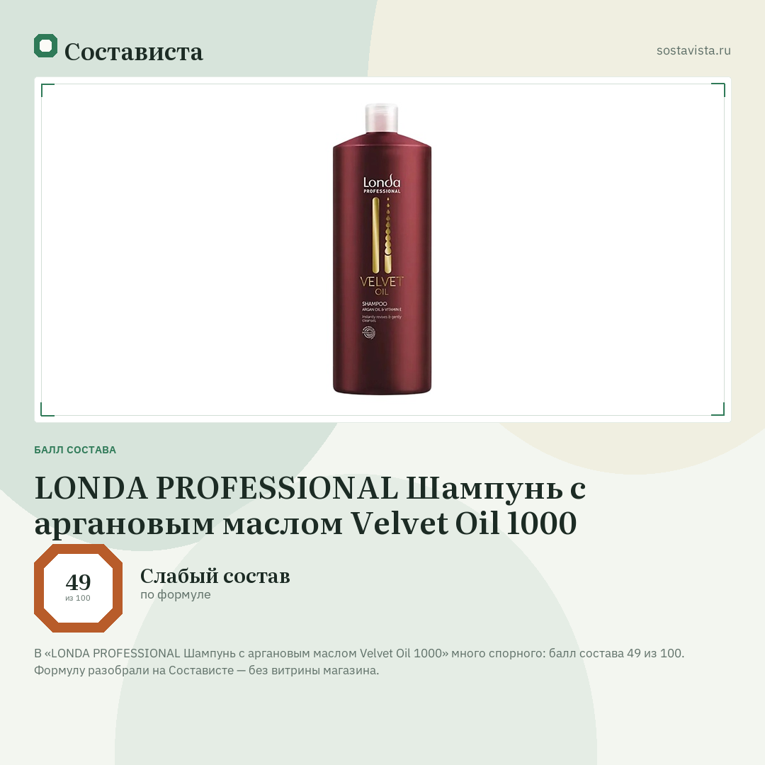 LONDA PROFESSIONAL Шампунь с аргановым маслом Velvet Oil 1000: балл состава 49 из 100 — Состависта