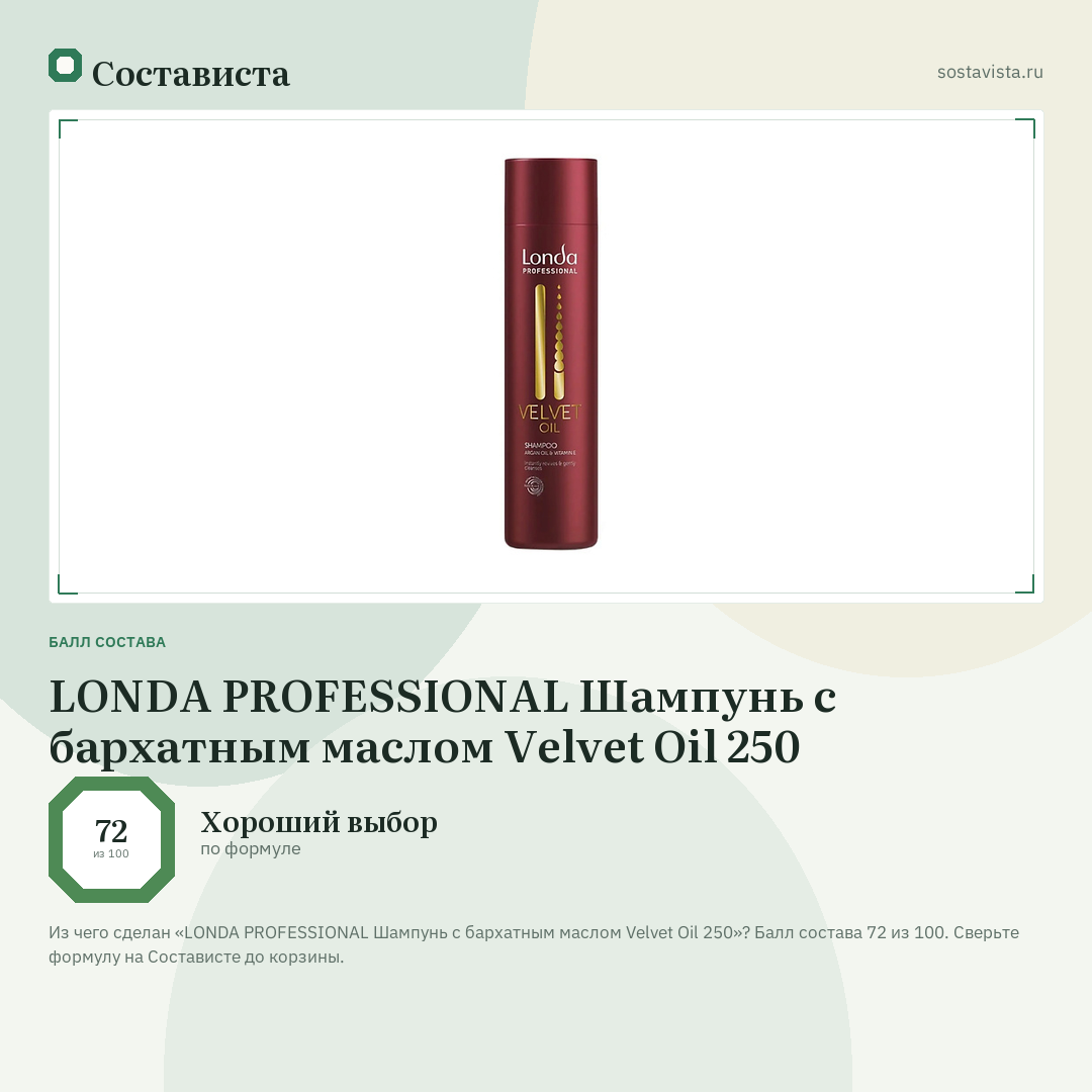 LONDA PROFESSIONAL Шампунь с бархатным маслом Velvet Oil 250: балл состава 72 из 100 — Состависта