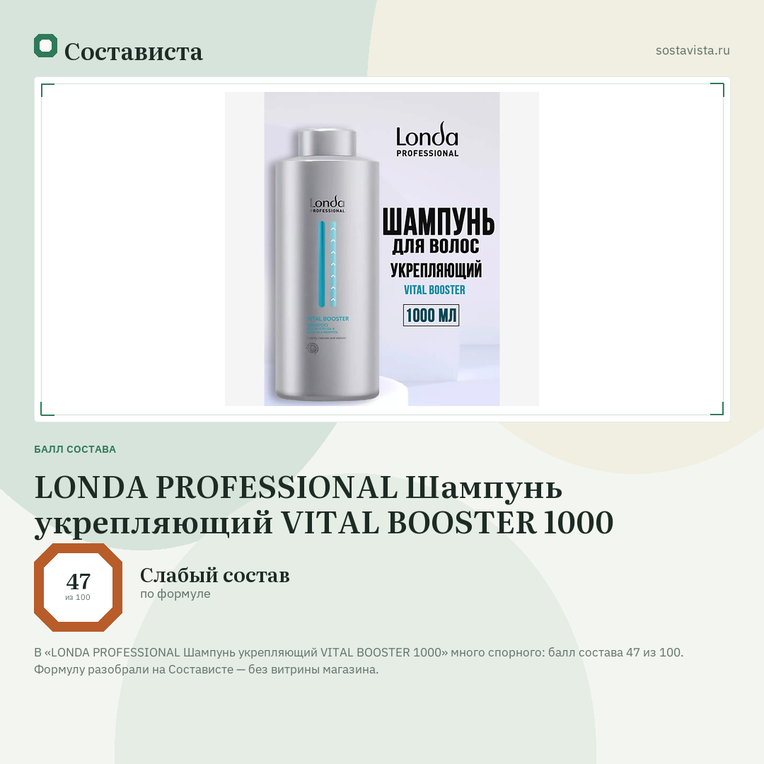 LONDA PROFESSIONAL Шампунь укрепляющий VITAL BOOSTER 1000: балл состава 47 из 100 — Состависта