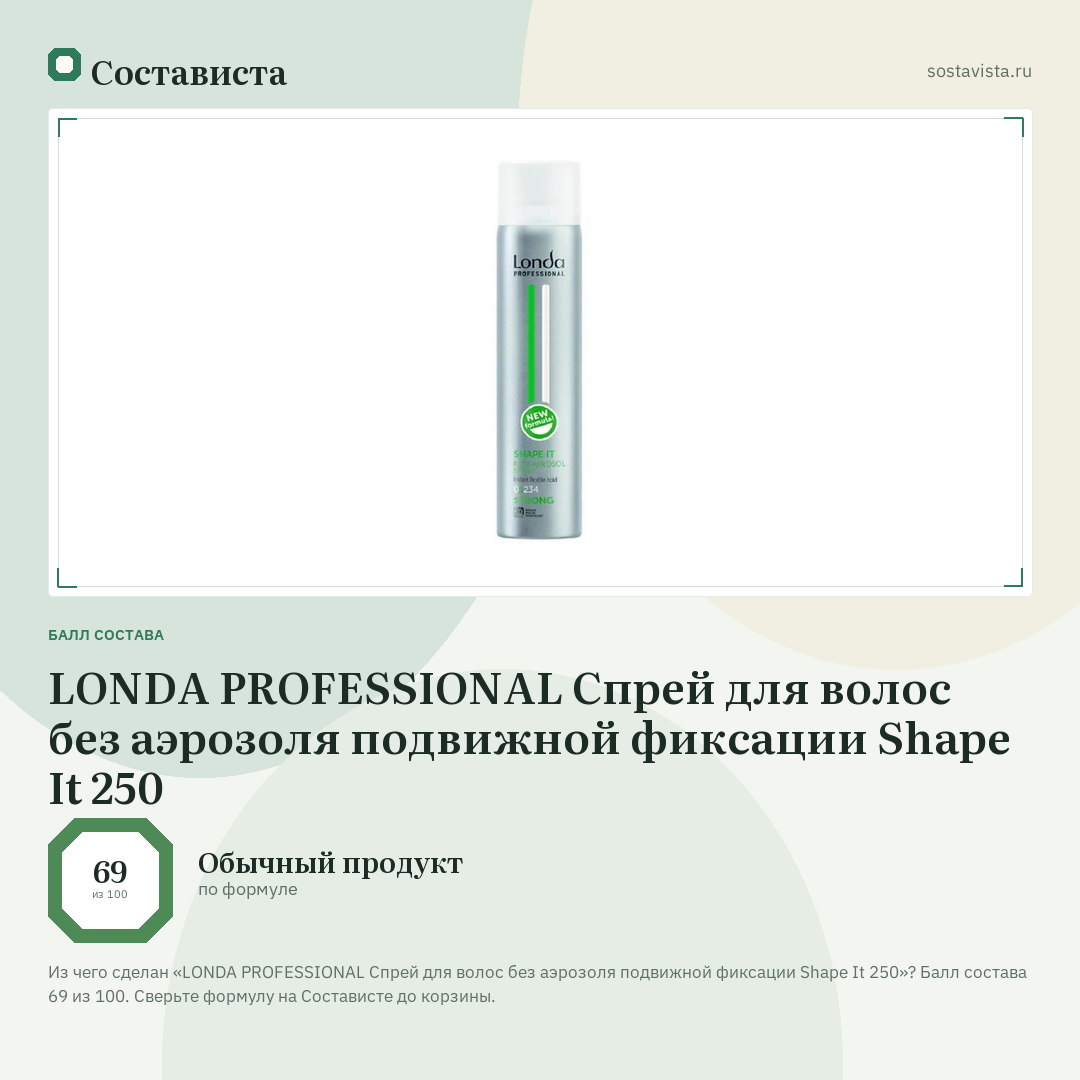 LONDA PROFESSIONAL Спрей для волос без аэрозоля подвижной фиксации Shape It 250: балл состава 69 из 100 — Состависта