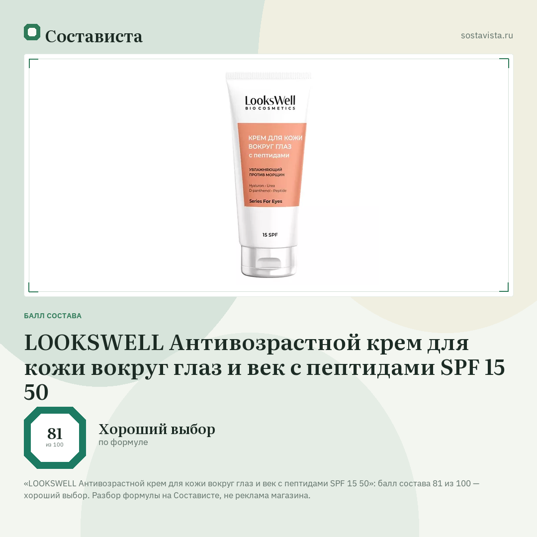 LOOKSWELL Антивозрастной крем для кожи вокруг глаз и век с пептидами SPF 15 50: балл состава 81 из 100 — Состависта