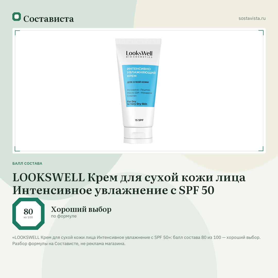 LOOKSWELL Крем для сухой кожи лица Интенсивное увлажнение с SPF 50: балл состава 80 из 100 — Состависта