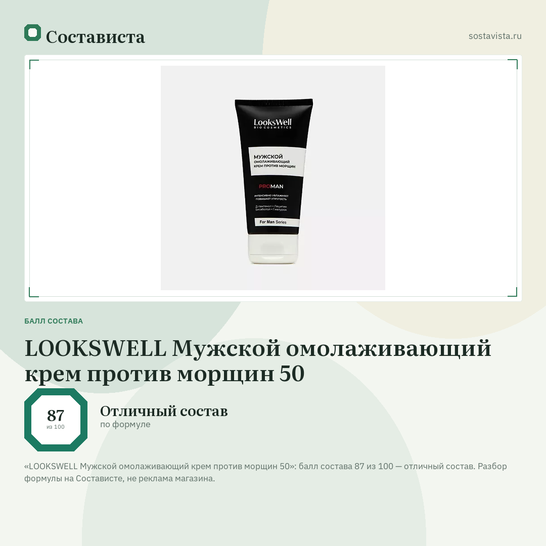 LOOKSWELL Мужской омолаживающий крем против морщин 50: балл состава 87 из 100 — Состависта