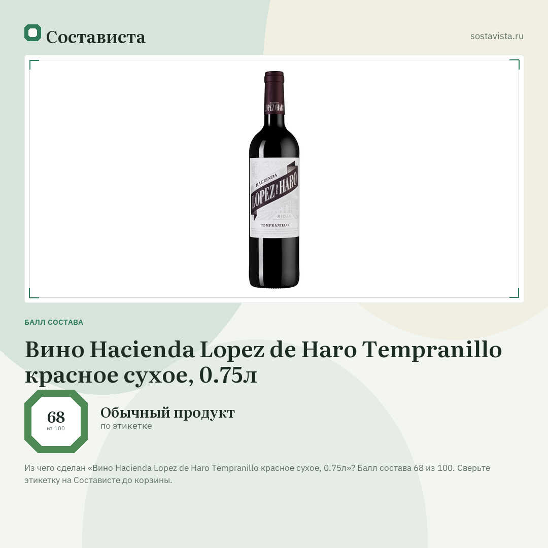 Вино Hacienda Lopez de Haro Tempranillo красное сухое, 0.75л: балл состава 68 из 100 — Состависта