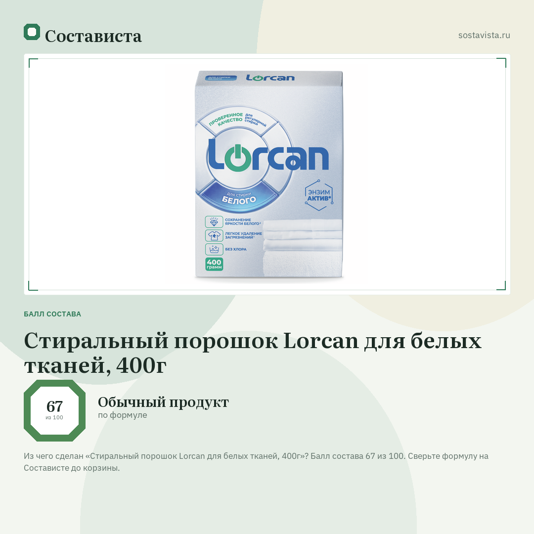 Стиральный порошок Lorcan для белых тканей, 400г: балл состава 67 из 100 — Состависта