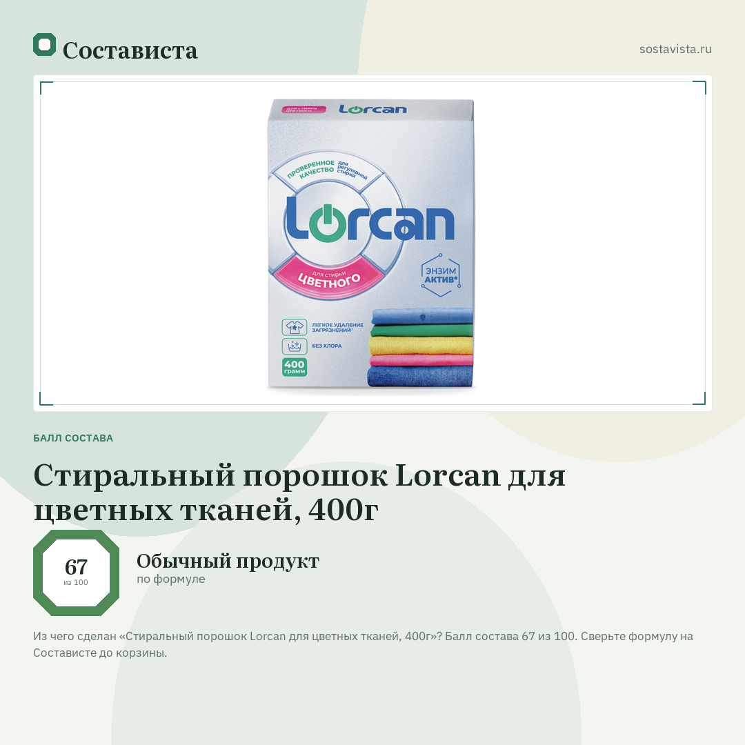 Стиральный порошок Lorcan для цветных тканей, 400г: балл состава 67 из 100 — Состависта