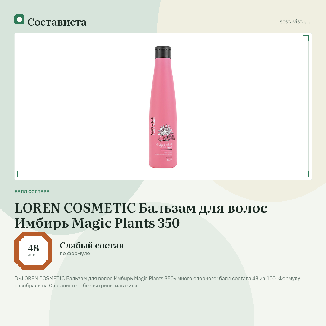 LOREN COSMETIC Бальзам для волос Имбирь Magic Plants 350: балл состава 48 из 100 — Состависта
