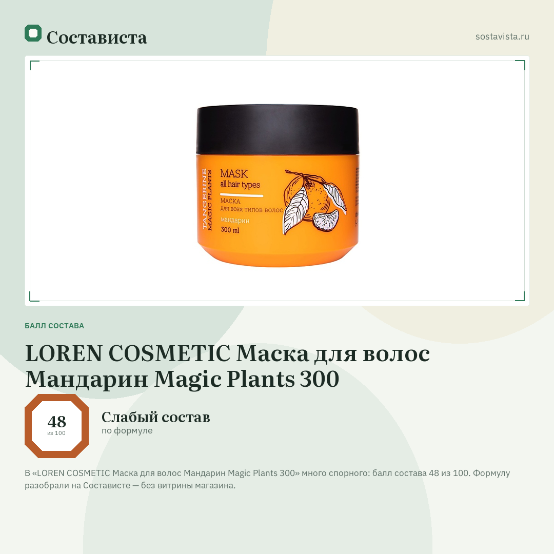 LOREN COSMETIC Маска для волос Мандарин Magic Plants 300: балл состава 48 из 100 — Состависта