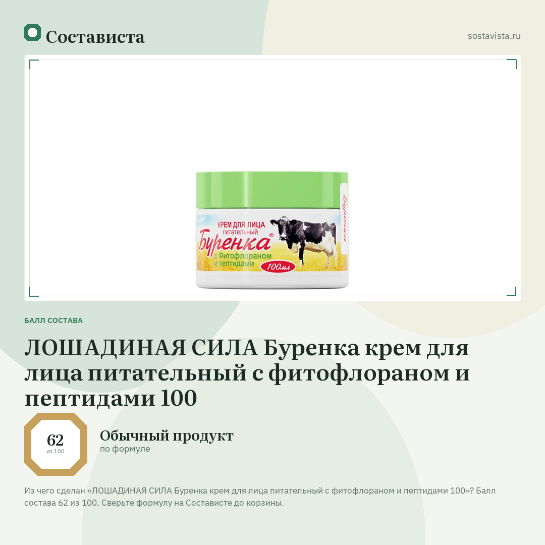 ЛОШАДИНАЯ СИЛА Буренка крем для лица питательный с фитофлораном и пептидами 100: балл состава 62 из 100 — Состависта