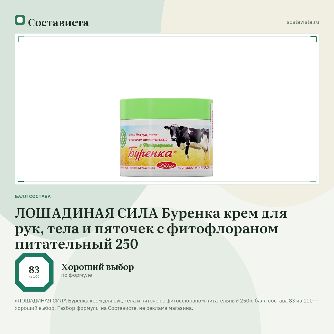 ЛОШАДИНАЯ СИЛА Буренка крем для рук, тела и пяточек с фитофлораном питательный 250: балл состава 83 из 100 — Состависта
