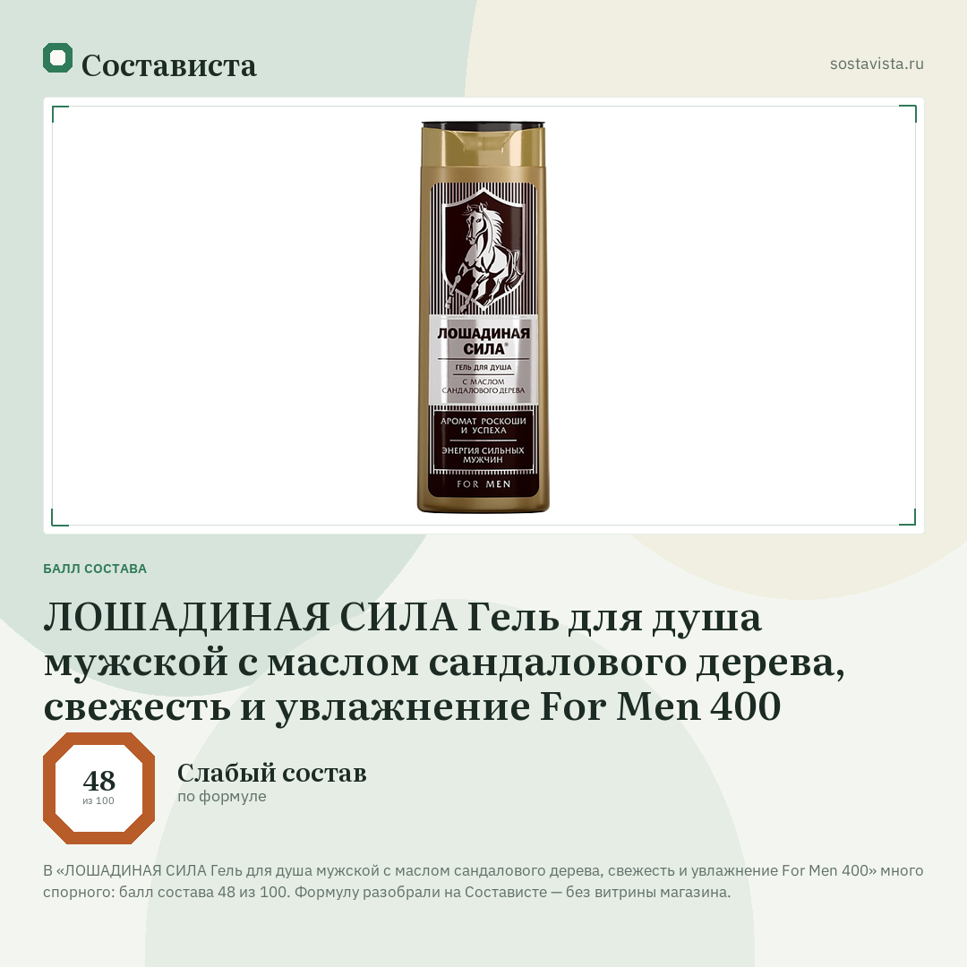 ЛОШАДИНАЯ СИЛА Гель для душа мужской с маслом сандалового дерева, свежесть и увлажнение For Men 400: балл состава 48 из 100 — Состависта