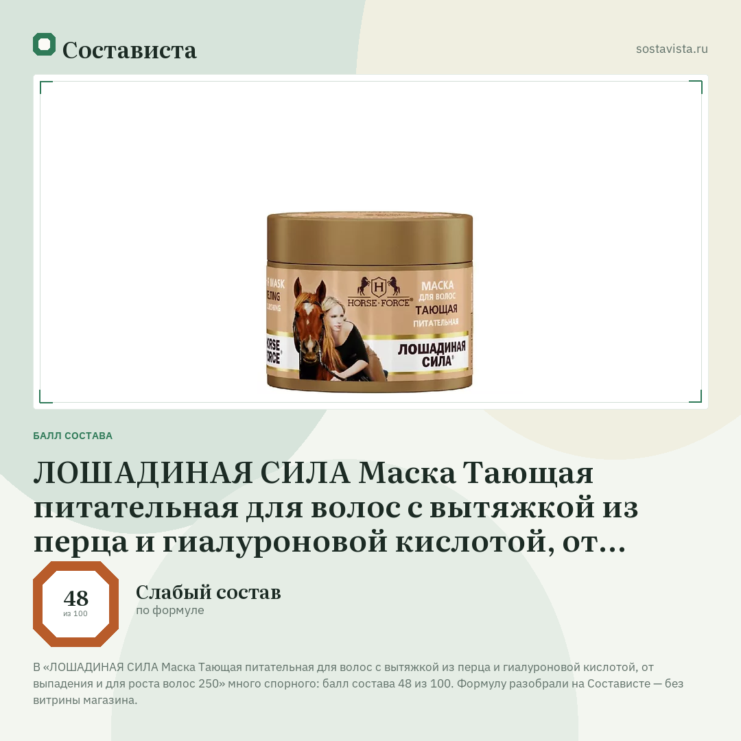 ЛОШАДИНАЯ СИЛА Маска Тающая питательная для волос с вытяжкой из перца и гиалуроновой кислотой, от выпадения и для роста волос 250: балл состава 48 из 100 — Состависта