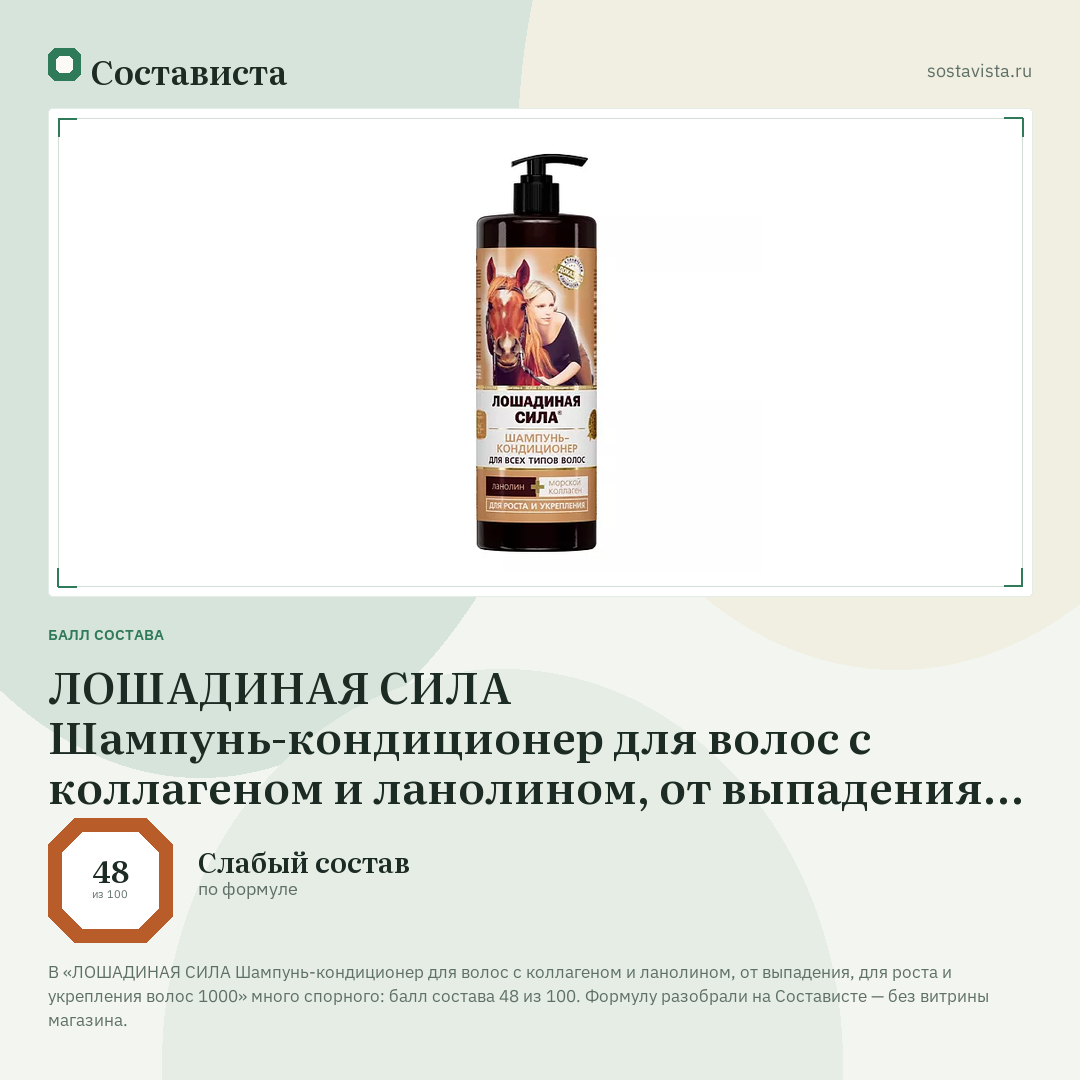 ЛОШАДИНАЯ СИЛА Шампунь-кондиционер для волос с коллагеном и ланолином, от выпадения, для роста и укрепления волос 1000: балл состава 48 из 100 — Состависта