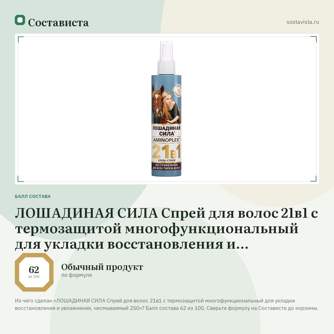 ЛОШАДИНАЯ СИЛА Спрей для волос 21в1 с термозащитой многофункциональный для укладки восстановления и увлажнения, несмываемый 250: балл состава 62 из 100 — Состависта