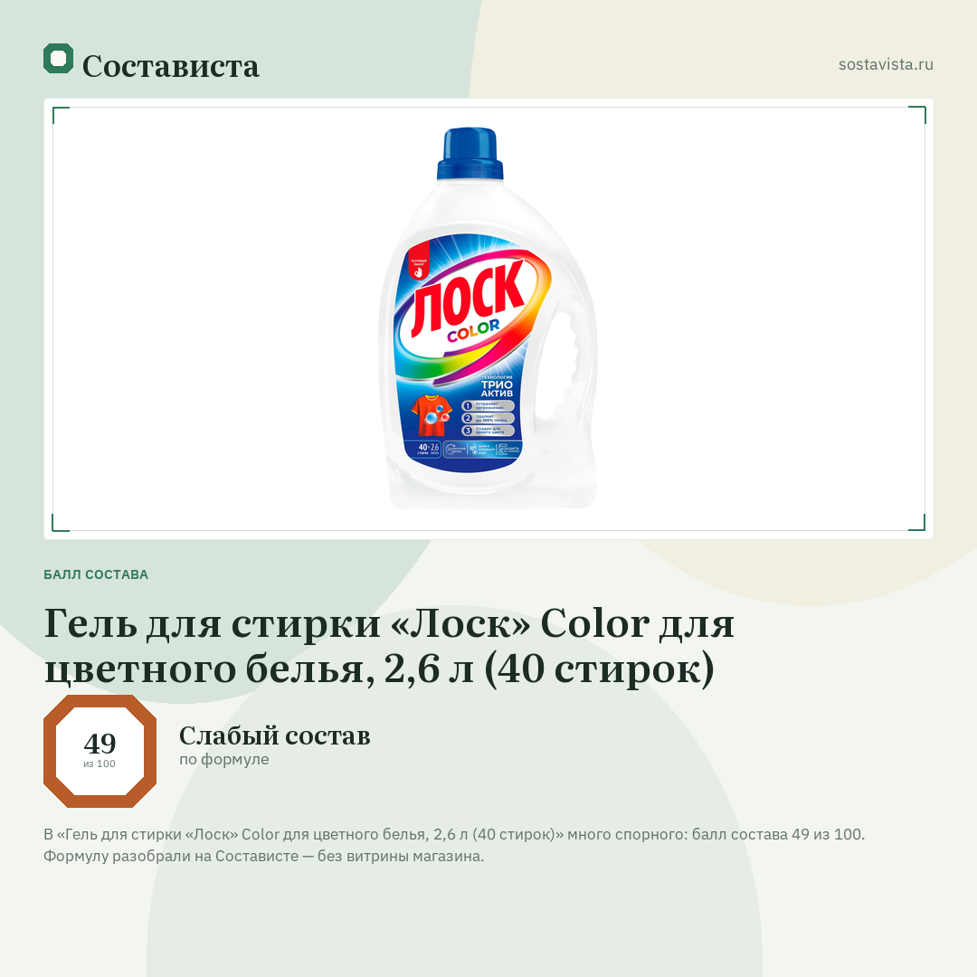 Гель для стирки «Лоск» Color для цветного белья, 2,6 л (40 стирок): балл состава 49 из 100 — Состависта